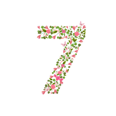 Floral font with spring pink flowers. Romantic number sevenのイラスト素材