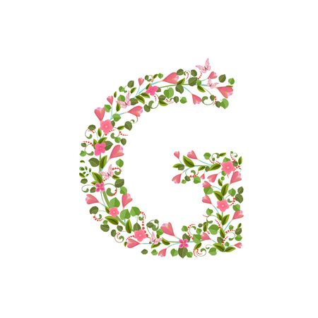 Floral font with with spring pink flowers. Romantic alphabet letter Gのイラスト素材