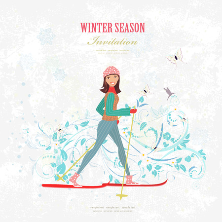 sport Invitation card with a happy girl on cross country skiing on art background with for your designのイラスト素材