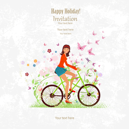 sport Invitation card with a happy girl riding on bike on grunge background with flora pattern for your designのイラスト素材