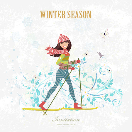 sport Invitation card with a happy girl on cross country skiing on grunge background with flora pattern for your designのイラスト素材