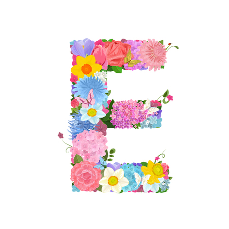Fashion alphabet from lovely flowers of daffodils, roses, tulips, lily of the valley, crocus, chrysanthemums, hortensia, lilac. Romantic letter Eのイラスト素材