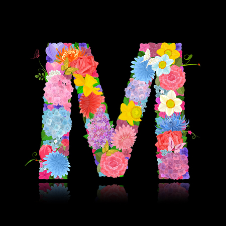Fancy letter of beautiful flowers on black background Mのイラスト素材