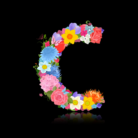 Fancy letter of beautiful flowers on black background Cのイラスト素材