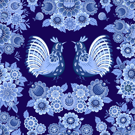 fancy seamless texture with blue stylized floral ornament with birdsのイラスト素材