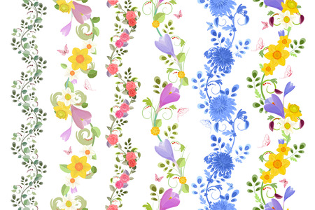 fancy floral set of seamless borders with roses, crocus, chrysanthemum daffodils for your designのイラスト素材