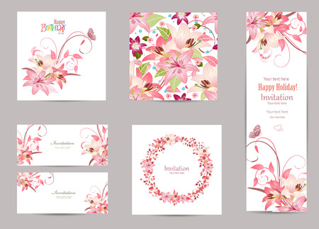 collection of greeting cards with blossom lilies for your design. seamless texture with lovely pink flowers pattern. elegant floral wreathのイラスト素材
