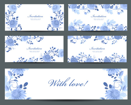 monochrome collection of greeting cards with blue chrysanthemum for your designのイラスト素材