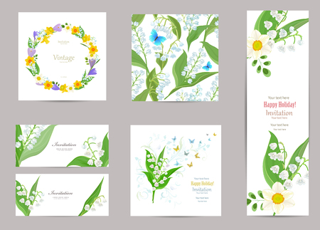 collection of greeting cards with blossom daffodils and lily of the valley for your design. seamless texture with spring flowers patternのイラスト素材