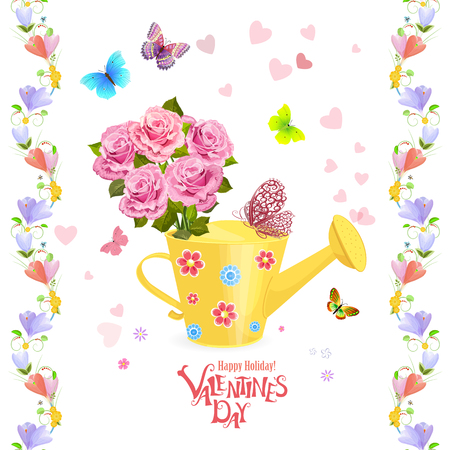can watering with bouquet of roses and flying butterflies for your design. seamless floral borders. invitation cardのイラスト素材