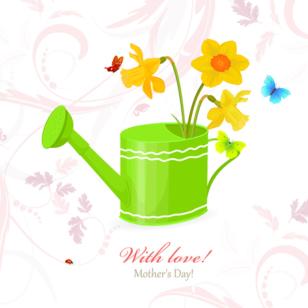 nice can watering with bouquet of daffodils and flying butterflies for your design with love.のイラスト素材