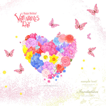 floral heart from different spring flowers with flying butterfliesのイラスト素材