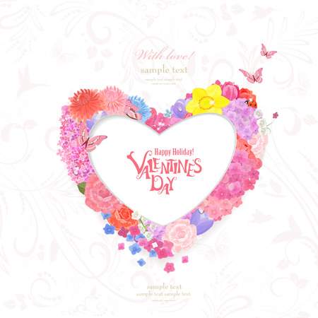 floral wreath of heart shape of different spring flowers and with flying butterflies with loveのイラスト素材