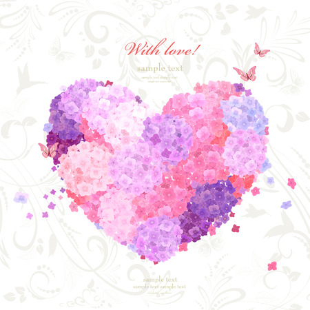 flower heart on background with swirl pattern. lovely hydrangeas for your designのイラスト素材