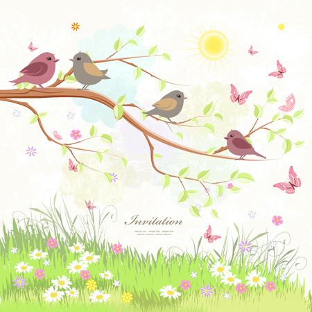 cute greeting card with birds on branch tree and butterfliesのイラスト素材