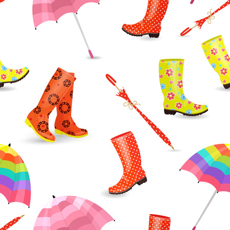 seamless texture with fashion collection of cute rubber boots and umbrellasのイラスト素材