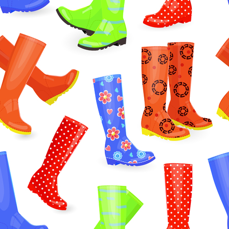 seamless texture with fashion collection of rubber boots different colors and patternsのイラスト素材