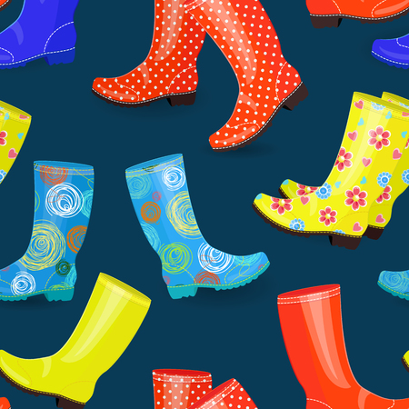 Seamless texture with funny collection of rubber boots different colors and patternsのイラスト素材