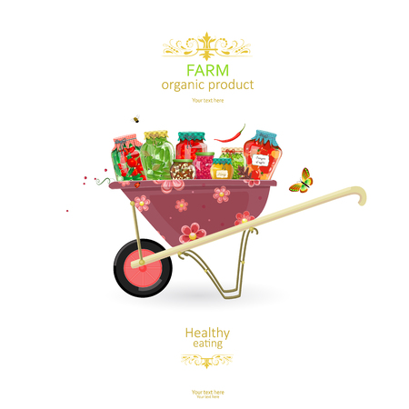 banner with delicious pickled foods on cute garden cart for your designのイラスト素材