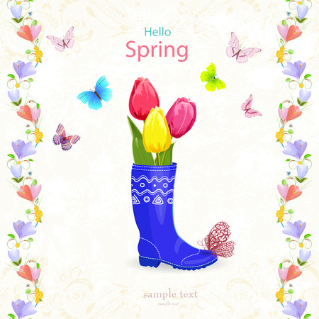nice spring card with bouquet of tulips in rubber boots for your designのイラスト素材