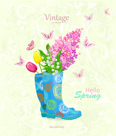 vintage banner with bouquet of spring flowers in rubber boots for your designのイラスト素材