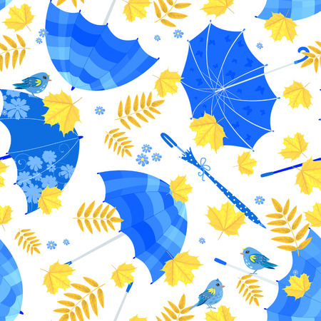 Pretty seamless texture with blue umbrellas and fall leaves on white backgroundのイラスト素材
