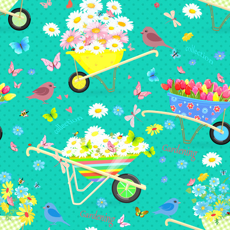 Teal seamless texture with wheelbarrows full of flowers for your spring designのイラスト素材