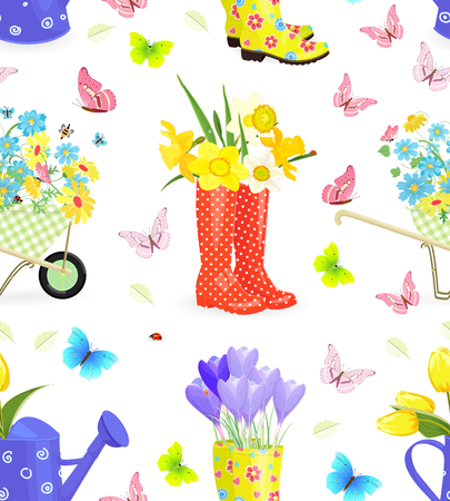 Seamless texture with bouquets of fresh flowers in gardening equipmentのイラスト素材