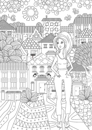 Beautiful girl for coloring bookのイラスト素材