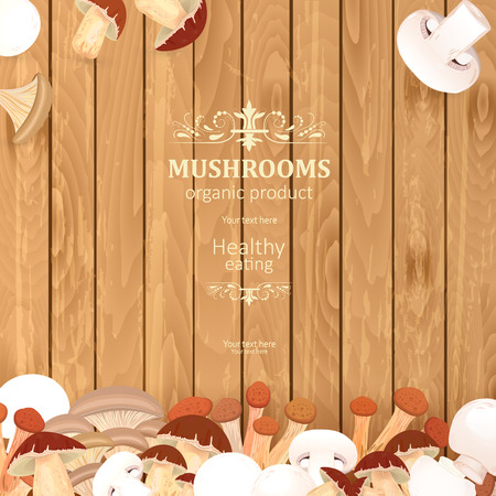template card with edible mushrooms on wooden background for your designのイラスト素材