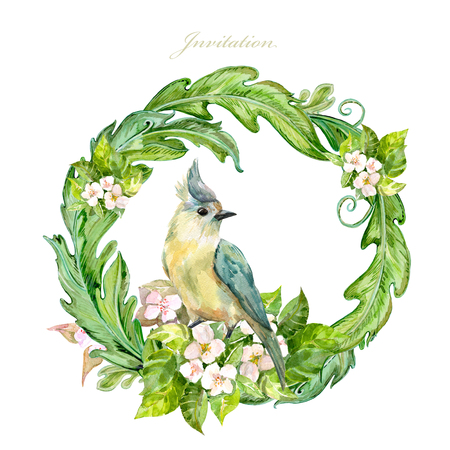 graceful floral vignette with pretty bird. watercolor paintingの写真素材