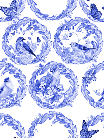 monochrome seamless texture with floral vignettes and lovely birds. watercolor paintingの写真素材