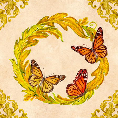 round ornament with butterflies on olden shabby texture. watercolor paintingの写真素材