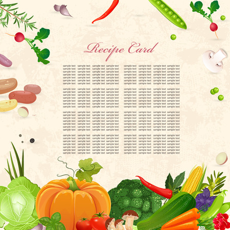 Recipe card with fresh vegetables on background of grunge paper for your design.のイラスト素材