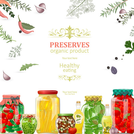 Banner with canned vegetables in glass jars for your design.のイラスト素材