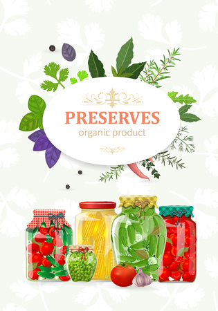 Sweet banner with canned vegetables in glass jars for your design.のイラスト素材