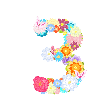 Romantic number 3 with meadow flowers and butterfliesのイラスト素材