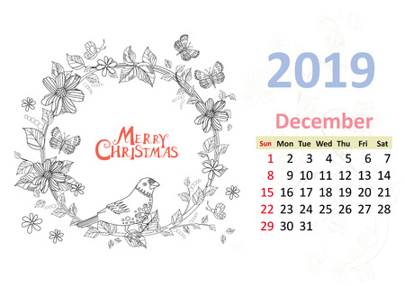 Happy coloring page. Calendar for 2019, decemberのイラスト素材