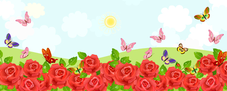 Rural fields with flowering red roses and flying butterflies.のイラスト素材