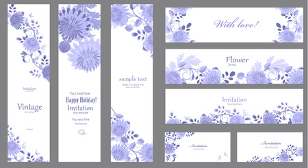 monochrome collection of romantic cards template with blue chrysanthemums for your designのイラスト素材