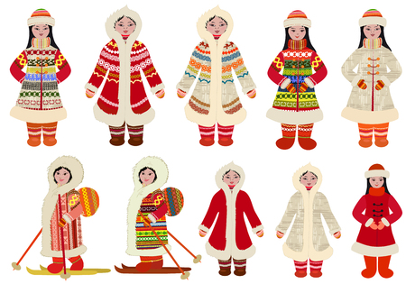 funny collection cartoon illustrations of girls in ethnic costumes of northern peoplesのイラスト素材