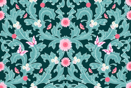 Graceful floral pattern with pink butterflies and flowers.のイラスト素材