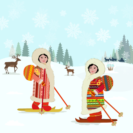 winter wild landscape with happy northern girls for your designのイラスト素材
