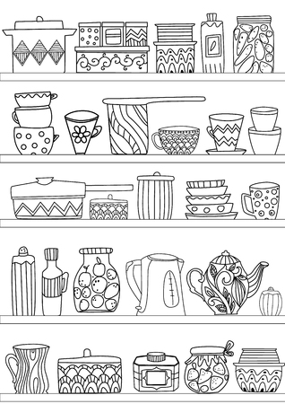 Shelves with kitchen utensils and sweet food for your coloring bookのイラスト素材