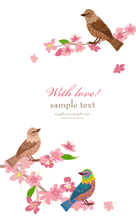 invitation card with blossom cherry and birdsのイラスト素材