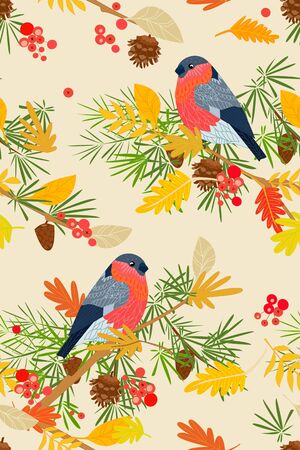 seamless texture with cute bullfinches in autumn forest for your design のイラスト素材