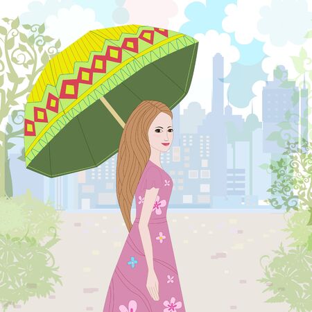 Romantic girl with umbrella in cityのイラスト素材