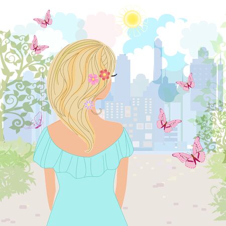Beautiful girl stands with her back looking on cityscapeのイラスト素材