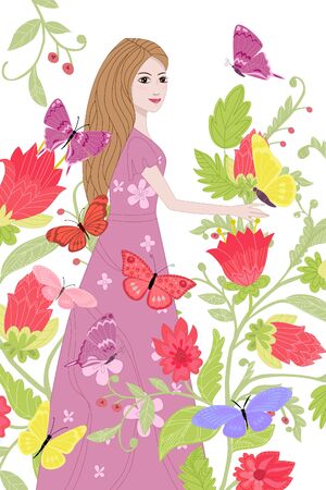 Romantic girl with long hair is standing in fancy floral garden with butterflies.のイラスト素材
