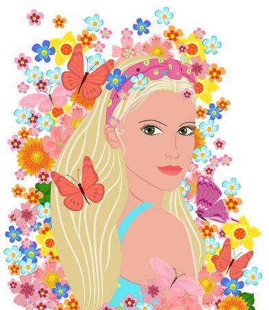 Beautiful blonde hair girl looking over her shoulder surrounded by flowers and butterfliesのイラスト素材